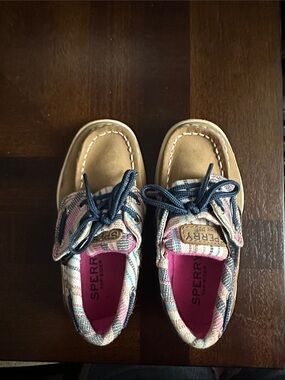 Sperry Kids Tan Leather Moccasins with Multicolor Plaid